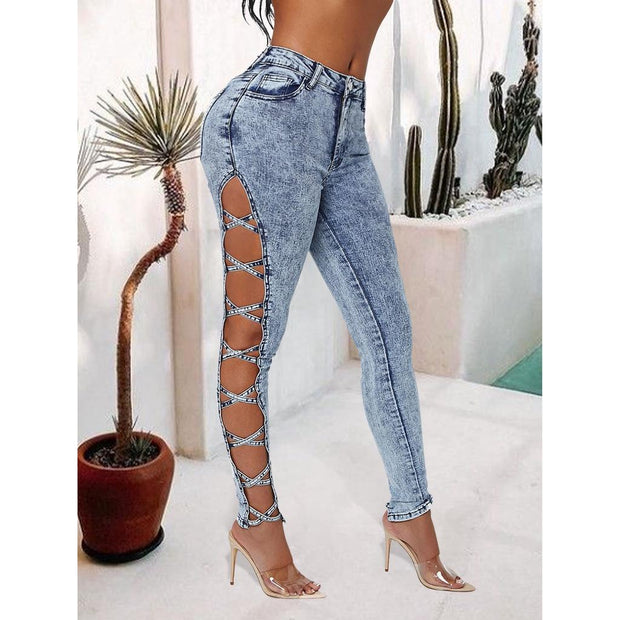 Sexy Tight Side Cross Strap Jeans