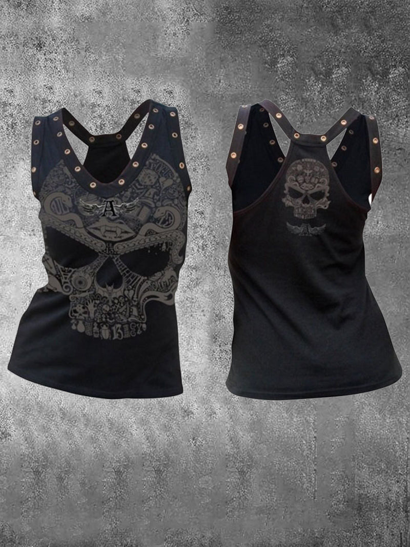 Skull Flower Print Casual Sexy Punk Vest