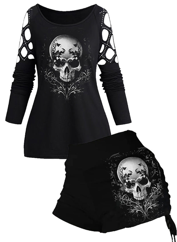 Dark Style Skull Hot Diamond Long Sleeve T-shirt Shorts Suit