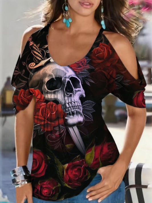 Cold Shoulder Skull Roses Printed Top