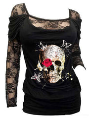 Goth Style Butterfly Skulls Sexy Floral Lace Long Sleeve Top