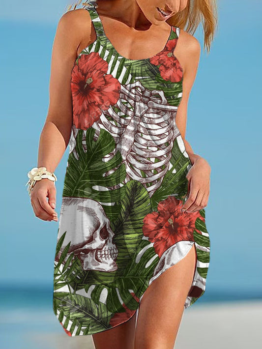 Tropical Palm Leaf Skull Floral Print Suspender Skirt