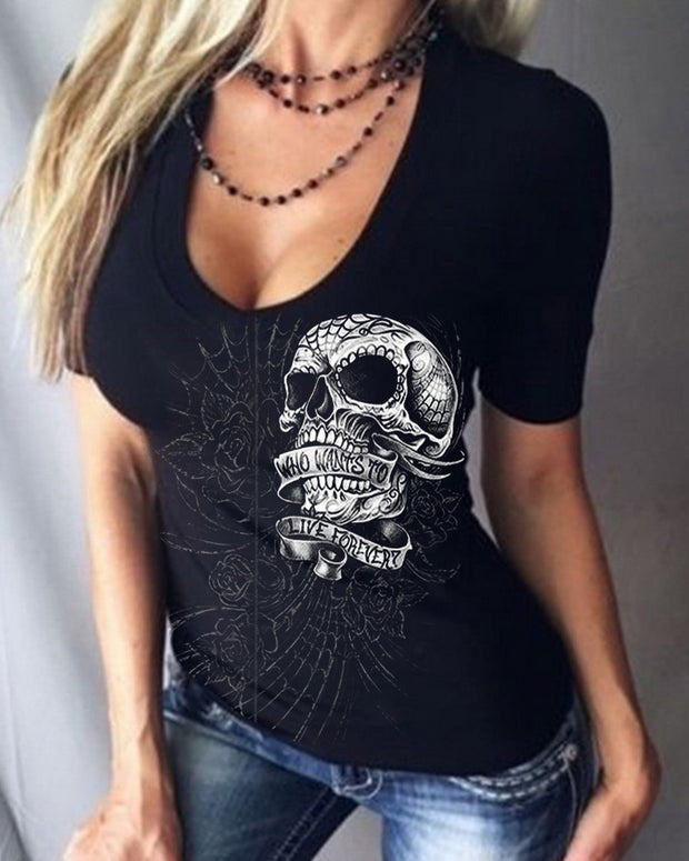 Skull V-neck T-shirt with short sleeves