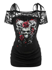 Skull Rose Print Knitted Stitching Lace Sling Top