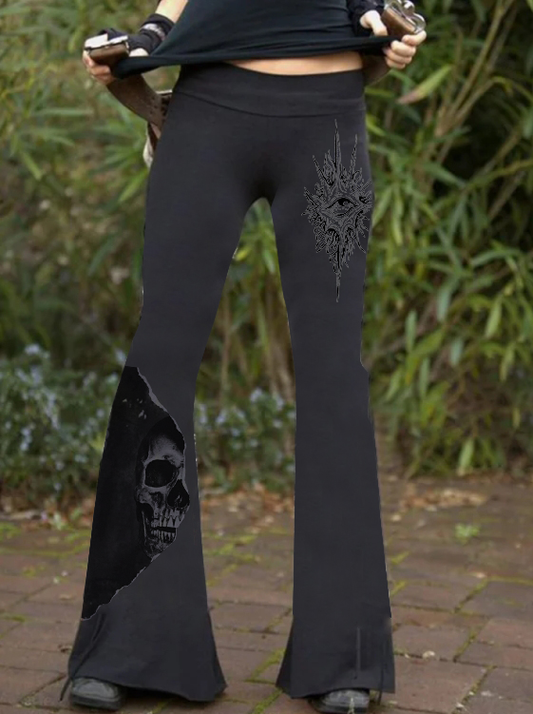 Pantalon évasé taille haute gothique imprimé crâne foncé