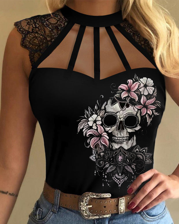 Skull Print Cutout Lace Sleeveless T-Shirt