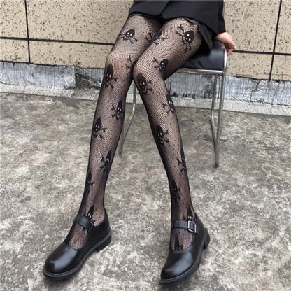 Gothic Punk Totenkopf Netzstrumpfhose 