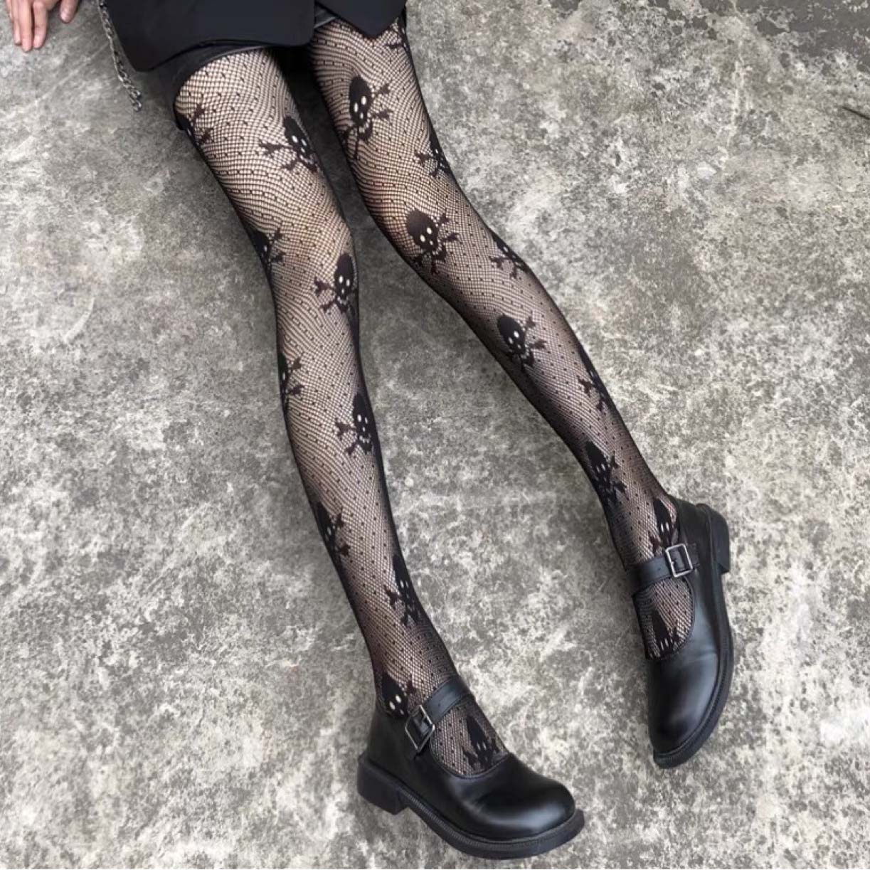 Gothic Punk Totenkopf Netzstrumpfhose 