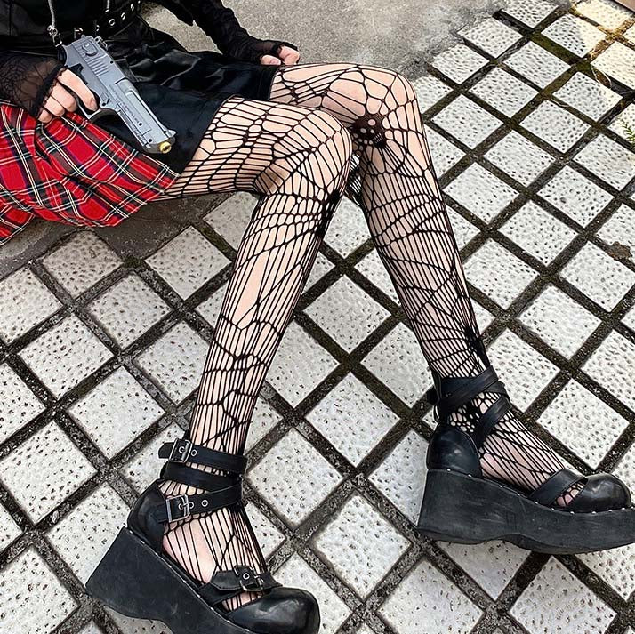 Gothic Black Skull Fishnet Pantyhose