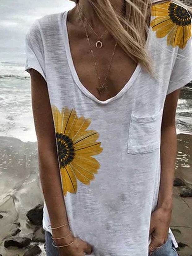 T-Shirt mit V-Ausschnitt und Sonnenblumen-Print 