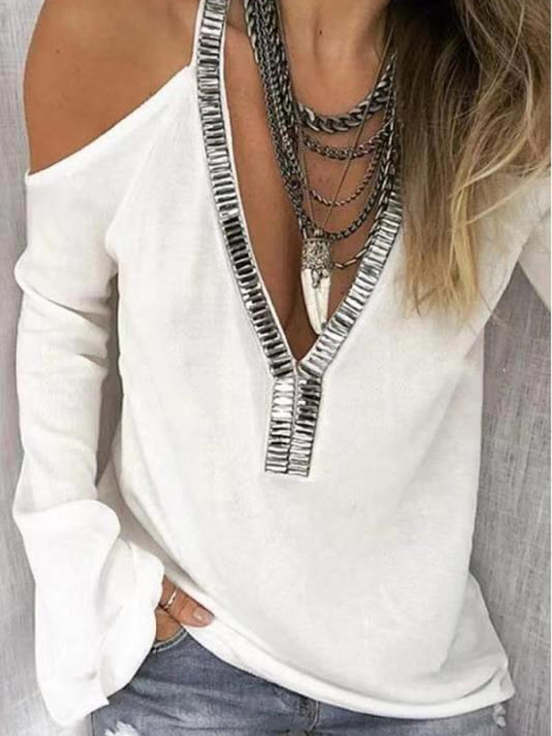 Solid Color Cold Shoulder Sequined Pullover