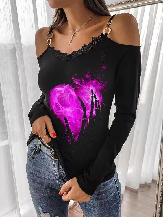 Purple Heart Strap V-neck Lace Off-Shoulder Top