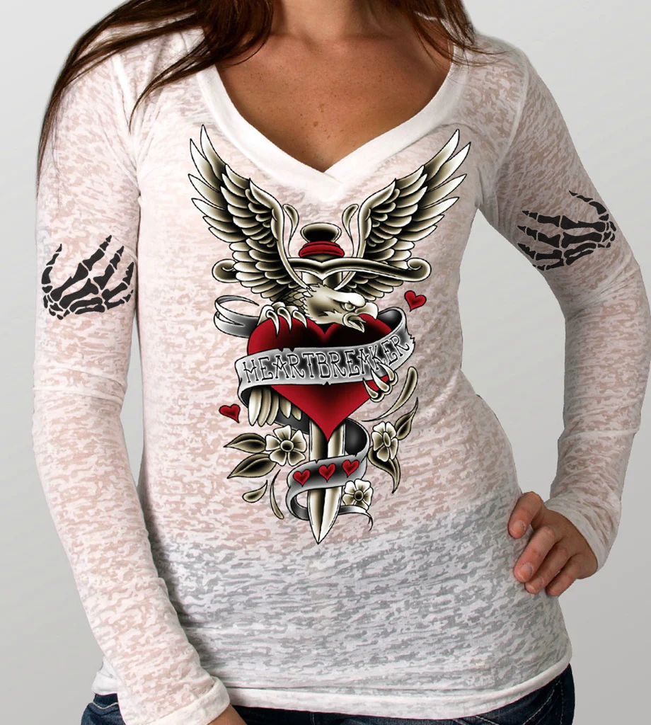 Dagger Heartbreaker Print V-neck Long Sleeve T-shirt