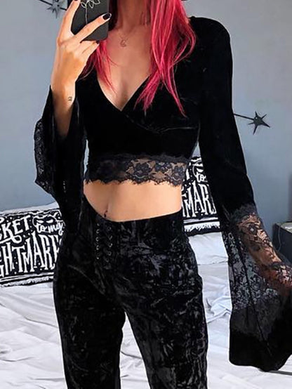 Sexy Deep-V Lace Patchwork Crop Top