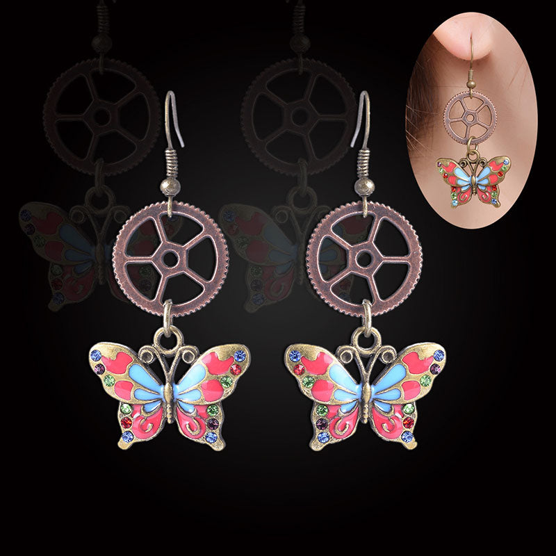 Boucles d'oreilles Steampunk à engrenages creux papillon 