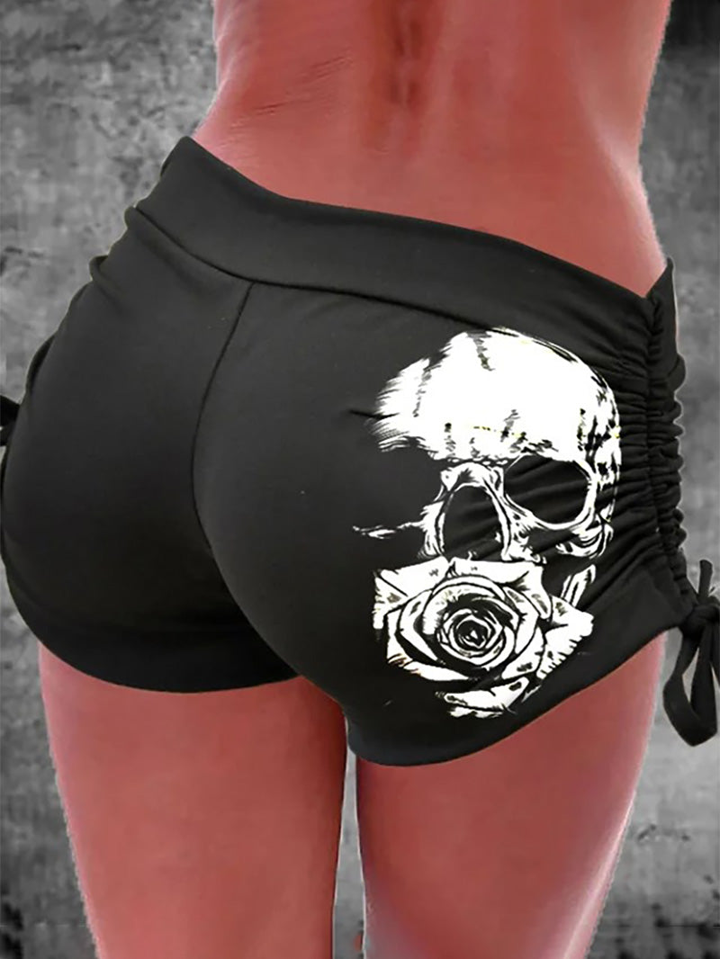 Yoga-Shorts mit Totenkopf- und Rosen-Print und seitlichem Kordelzug 