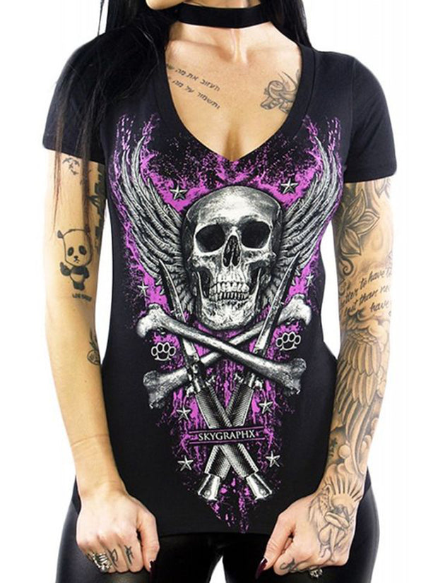 Skull Wings Printed Round Neck T-Shirt