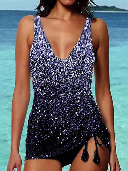 Sequined Printed Split Swimsuit