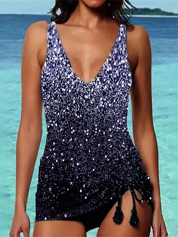 Sequined Printed Split Swimsuit