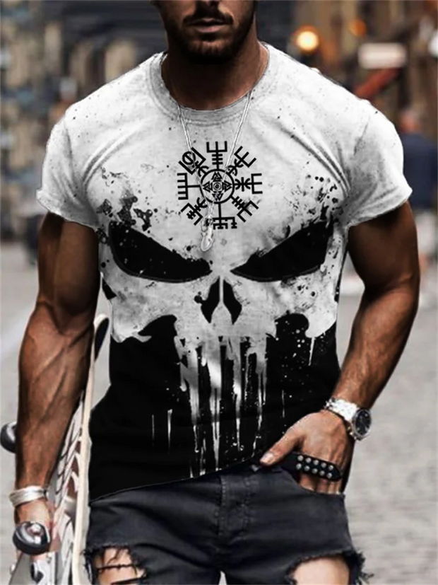 Herren T-Shirt mit Vegvisir-Totenkopf in Kontrastfarbe 