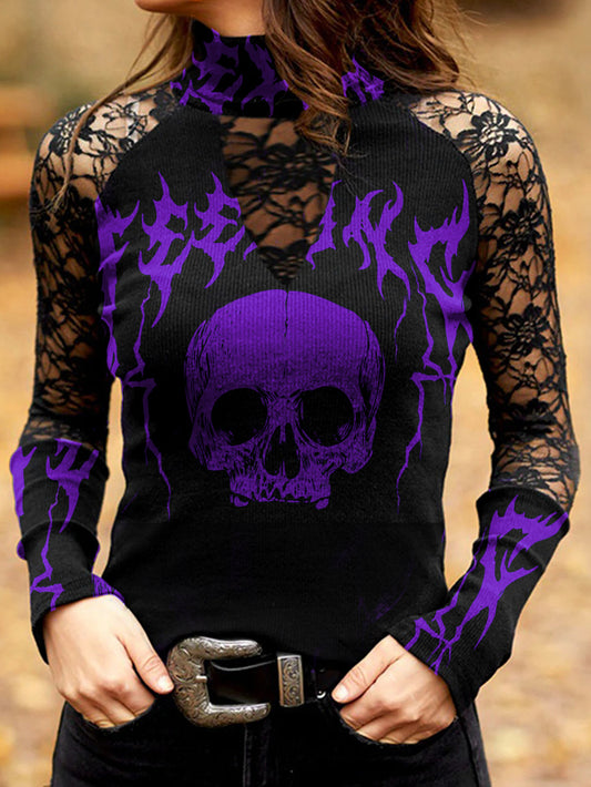 Long Sleeve Lace Stitching Skull Print T-Shirt