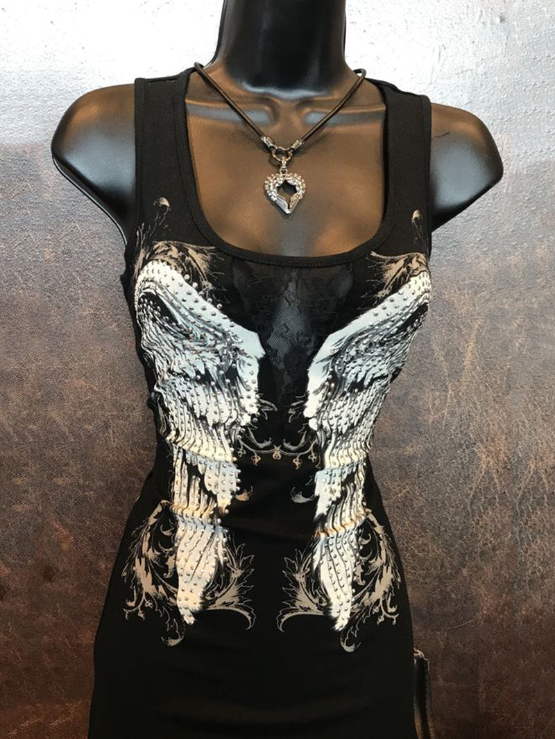 Wings print hollow lace U-neck sexy punk vest