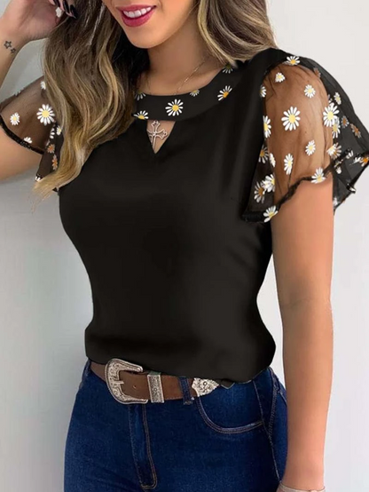 Flower Embroidered Ruffled Short Sleeve T-shirt