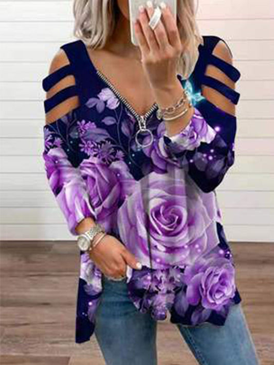 Rose petal hollow long-sleeved t-shirt