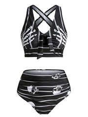 Striped Cross Strap Skull Print Swimsuit