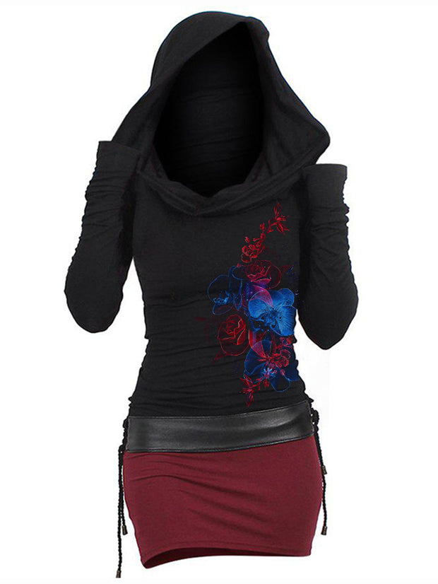 Gothic Orchid Rose Print Color Block Hooded Dress