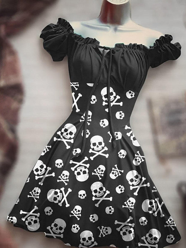 Skull Printed Off-Shoulder Ruffled Mini Dress
