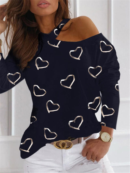 Love Printed Hanging Neck Strapless Sexy Fashion Casual Long-sleeved T-shirt