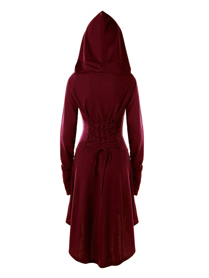 Robe de couleur unie, manteau de sorcière festif à capuche et à lacets, manches longues 