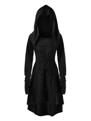 Solid color dress festive long-sleeved hooded lace-up witch coat