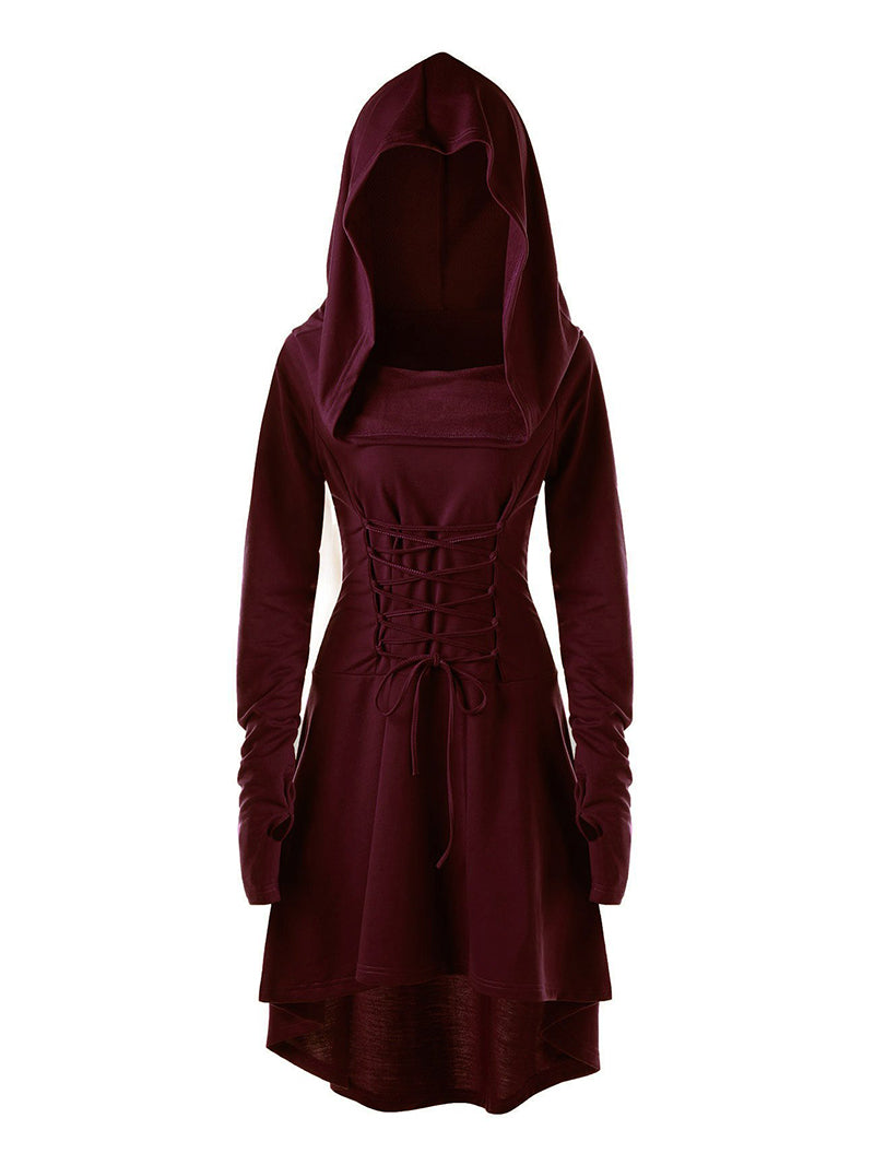 Robe de couleur unie, manteau de sorcière festif à capuche et à lacets, manches longues 