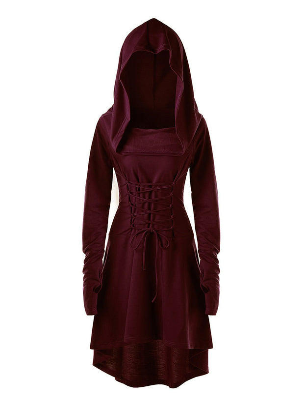Solid color dress festive long-sleeved hooded lace-up witch coat