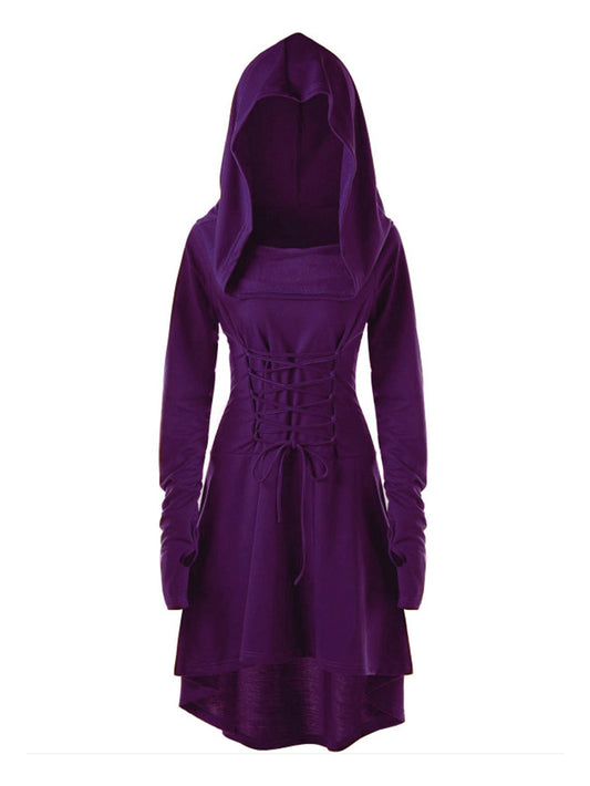 Solid color dress festive long-sleeved hooded lace-up witch coat