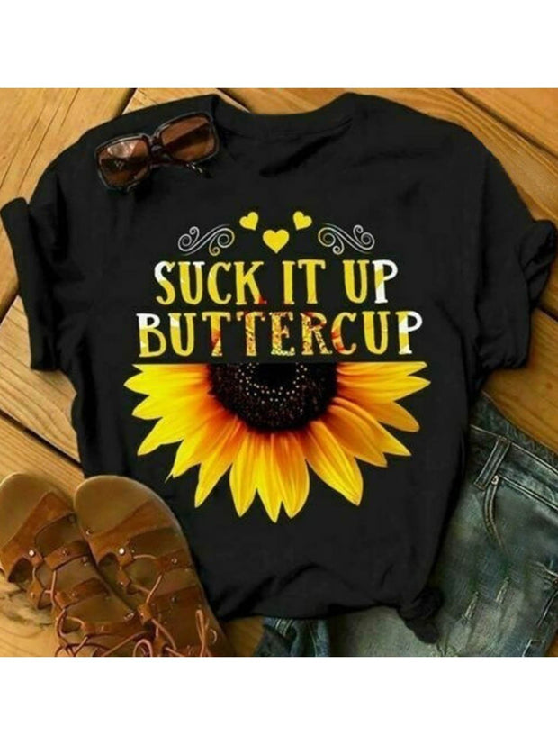 Sunflower Letter Printed Round Neck T-shirt