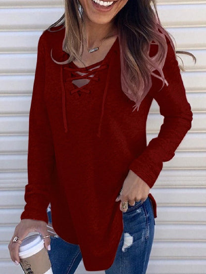 Solid Color V-neck Bandage Loose Top