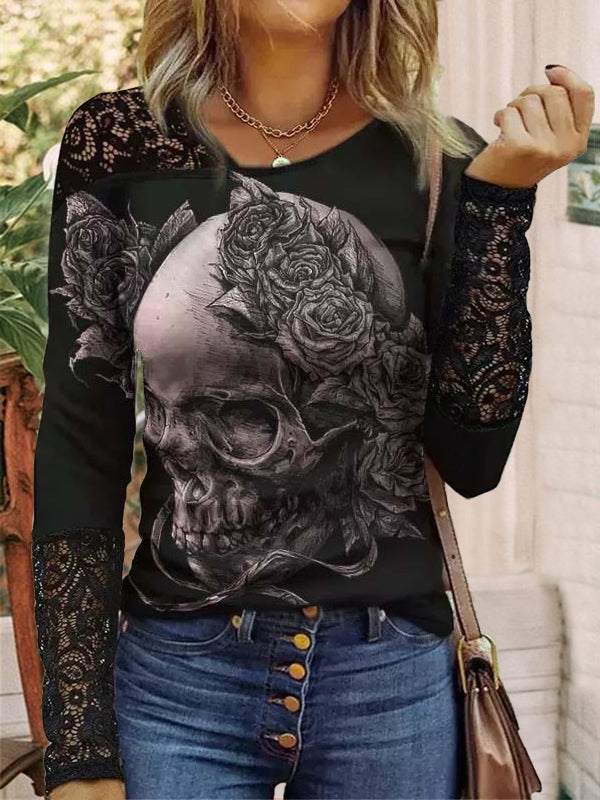 Flower And Skull Print Paneled Lace T-Shirt