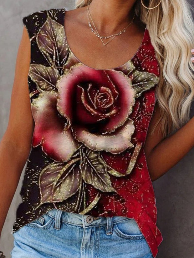Rose Printed Round Neck Sleeveless Casual Tops
