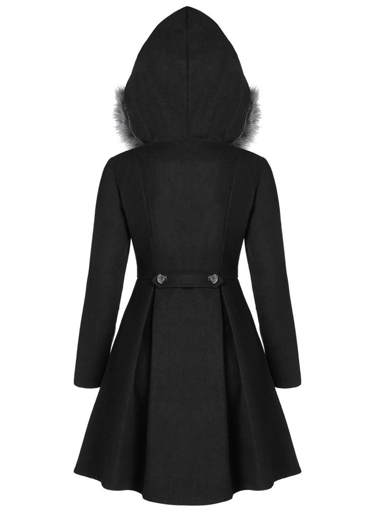 Hooded fur slim double-breasted coat