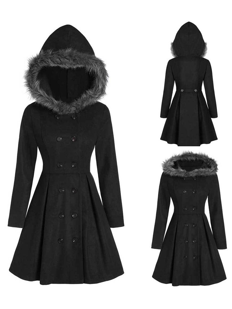 Hooded fur slim double-breasted coat