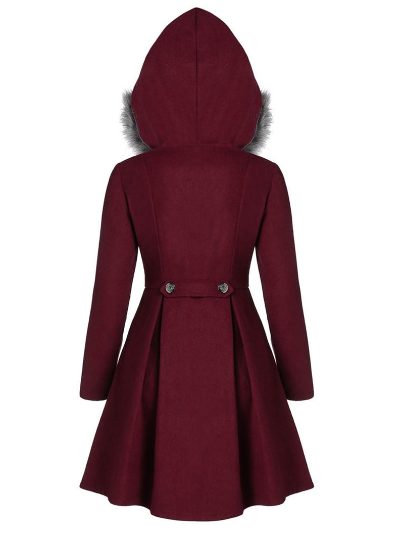 Hooded fur slim double-breasted coat