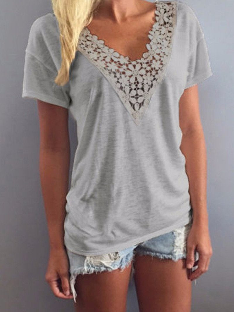 V-neck Short Sleeve Lace Solid Top