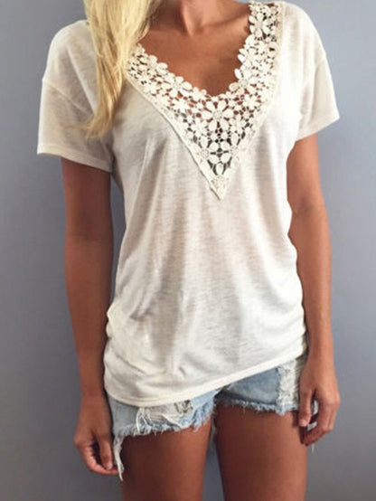 V-neck Short Sleeve Lace Solid Top