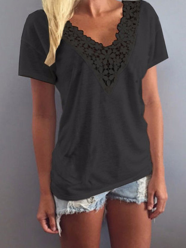 V-neck Short Sleeve Lace Solid Top
