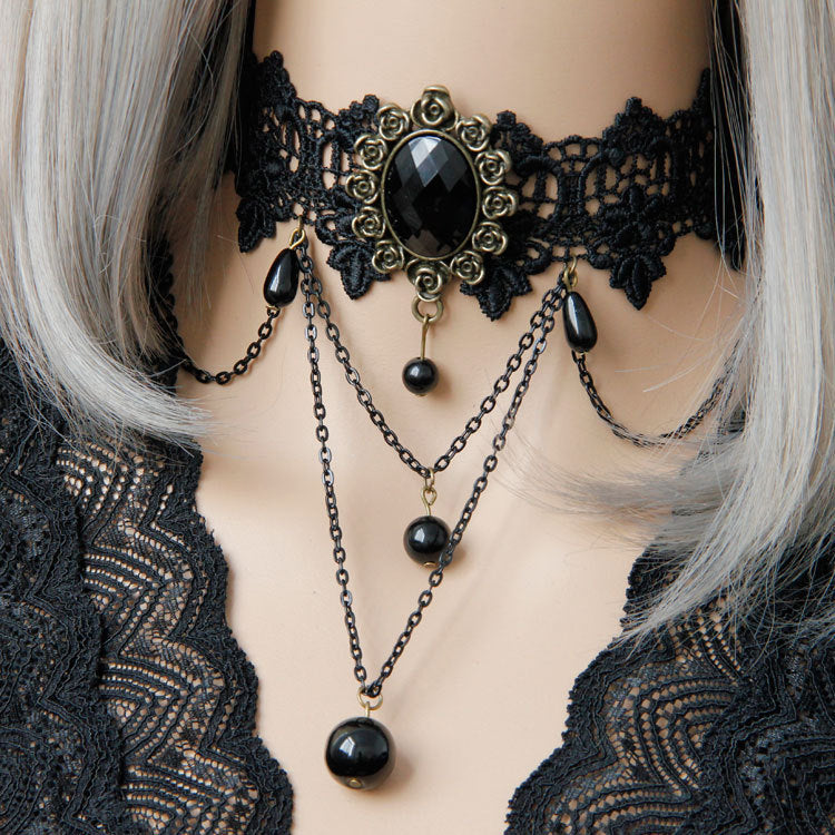 Retro Beaded Chains Lace Choker