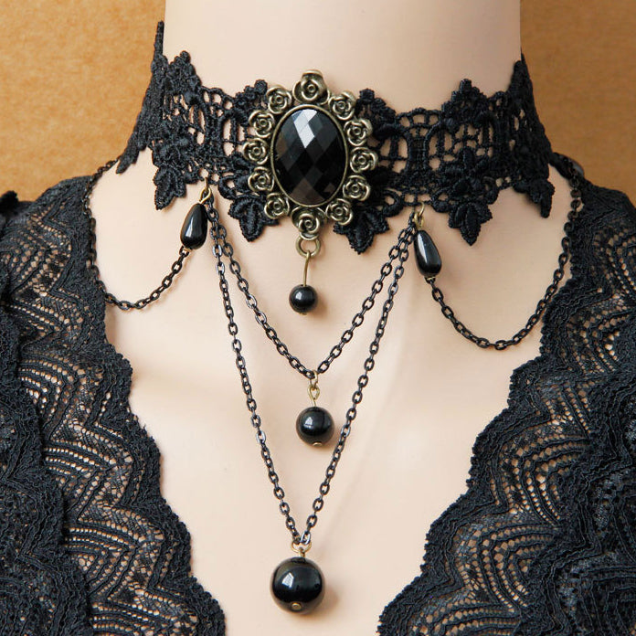 Retro Beaded Chains Lace Choker