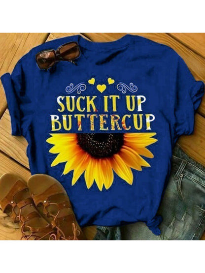 Sunflower Letter Printed Round Neck T-shirt